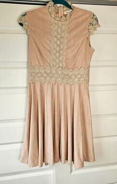 Meisie Pink Faux Suede Mock Neck Lace A-Line Dress Medium